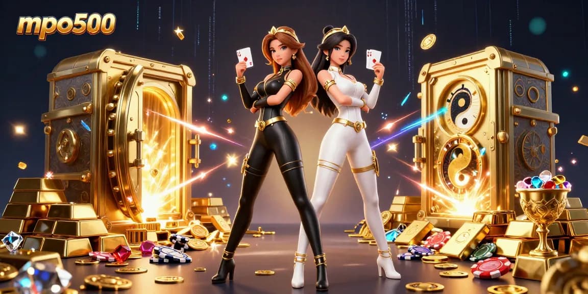 Win big with mpo500's casino experience featuring stunning twin Asian women with playing cards.