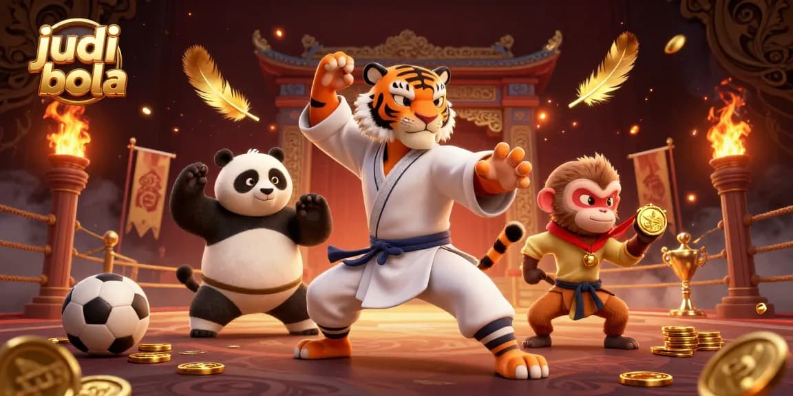 Engage in judi bola with an exciting scene featuring a kung fu tiger and panda among vibrant sports betting elements.