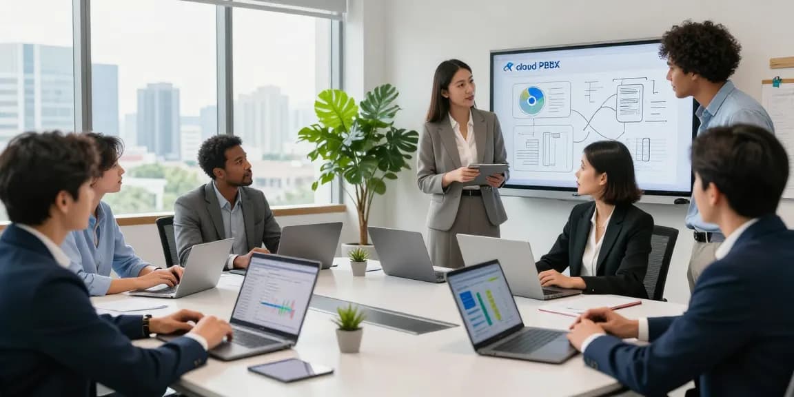 Team collaboration in a modern office discussing advanced cloud PBX solutions, showcasing the keyword מרכזייה בענן in a professional setting.