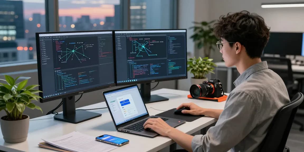 快连 application interface design in a modern workspace with dual monitors showcasing coding activities.