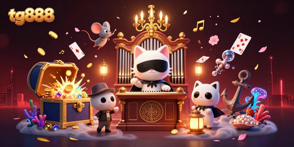 Engage with tg888 in this vibrant casino scene filled with floating playing cards and golden treasures.