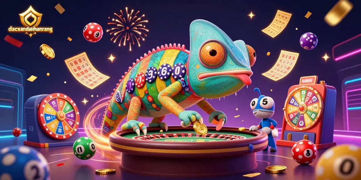 Experience dacsandatphanrang's vibrant casino action with a colorful chameleon snapping up golden coins.