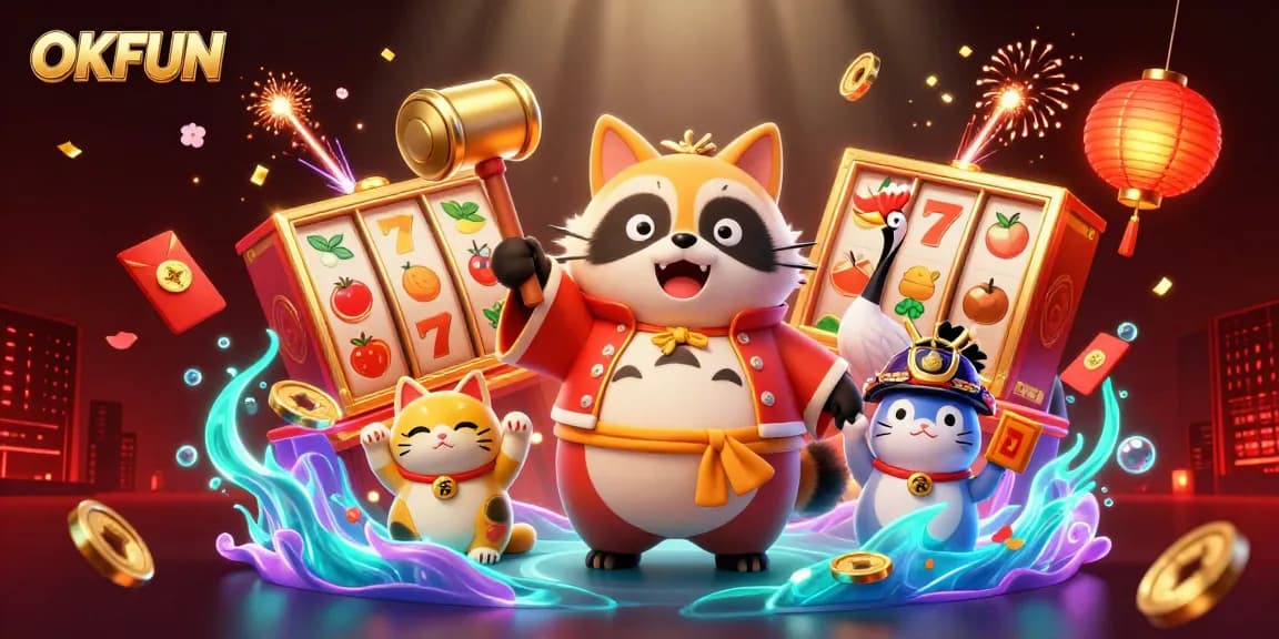 Spin the reels with OKFUN, featuring a joyful tanuki amid slot games and festive elements.