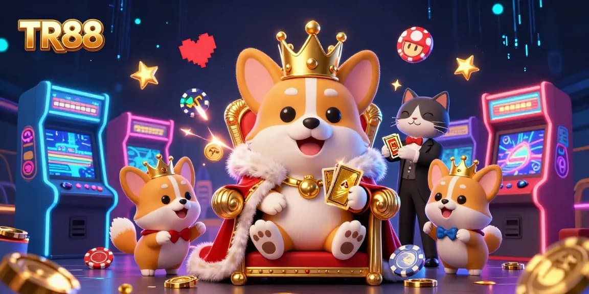 Experience TR88 with playful corgis in a vibrant casino setting, showcasing gaming excitement and royal flair.