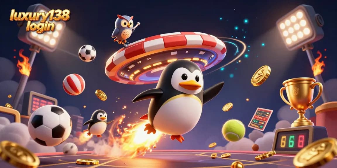 Engaging scene of luxury138 login featuring a golden penguin in space, amidst sports betting elements and a cosmic casino backdrop.