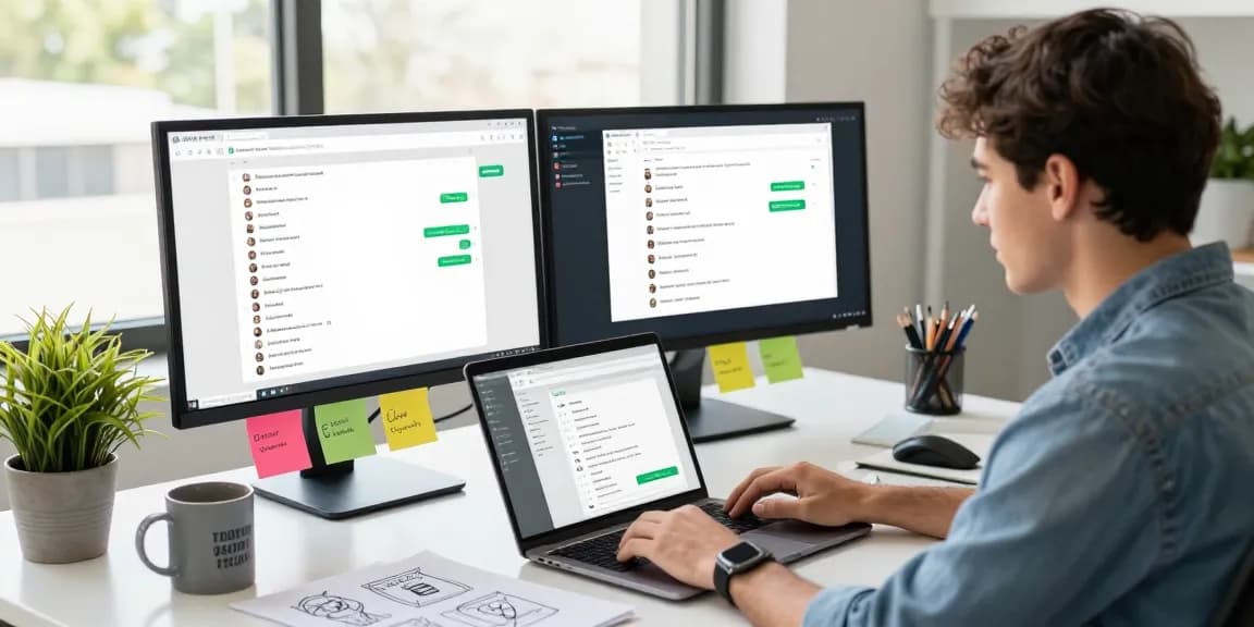 Professional using WhatsApp網頁版 on laptop in a bright office setting, showcasing collaboration tools and productivity.