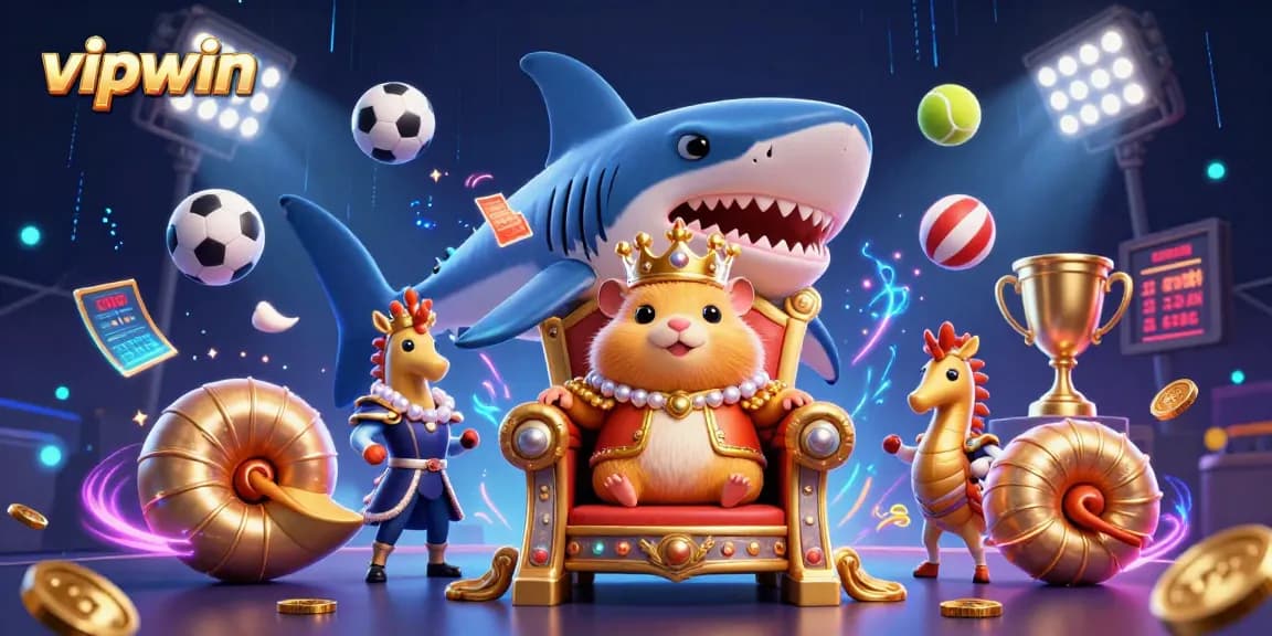 Experience thrilling wins at vipwin with a dynamic 3D illustration featuring a golden hamster king and sports betting elements.