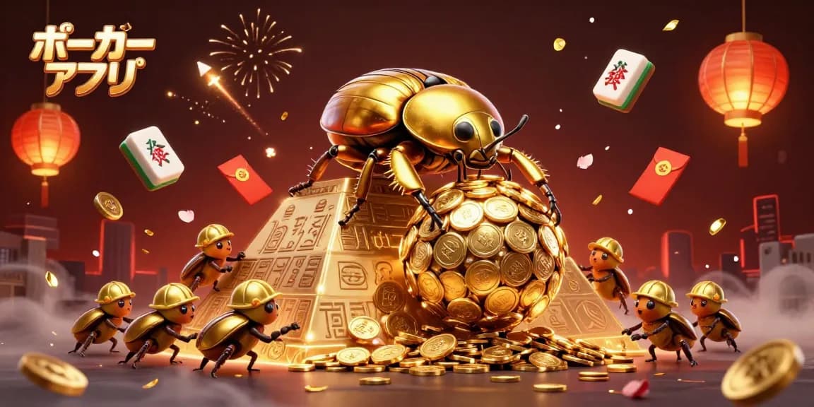 ポーカーアプリをテーマにしたキャラクターたちが金のコインで作られたボールを転がしている様子を描いたイラスト