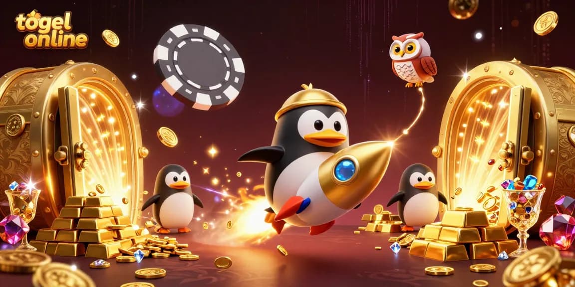Experience the thrill of togel online with dynamic visuals featuring a golden penguin and treasures.