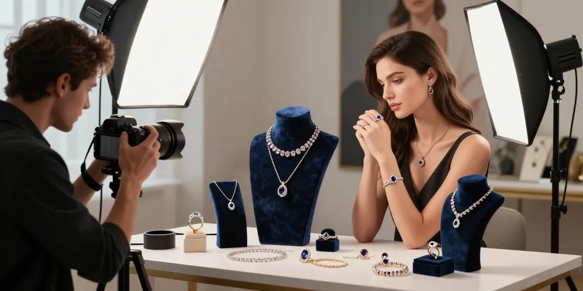 Fotografo di Gioielli in studio professionale mentre cattura pezzi di gioielleria eleganti.