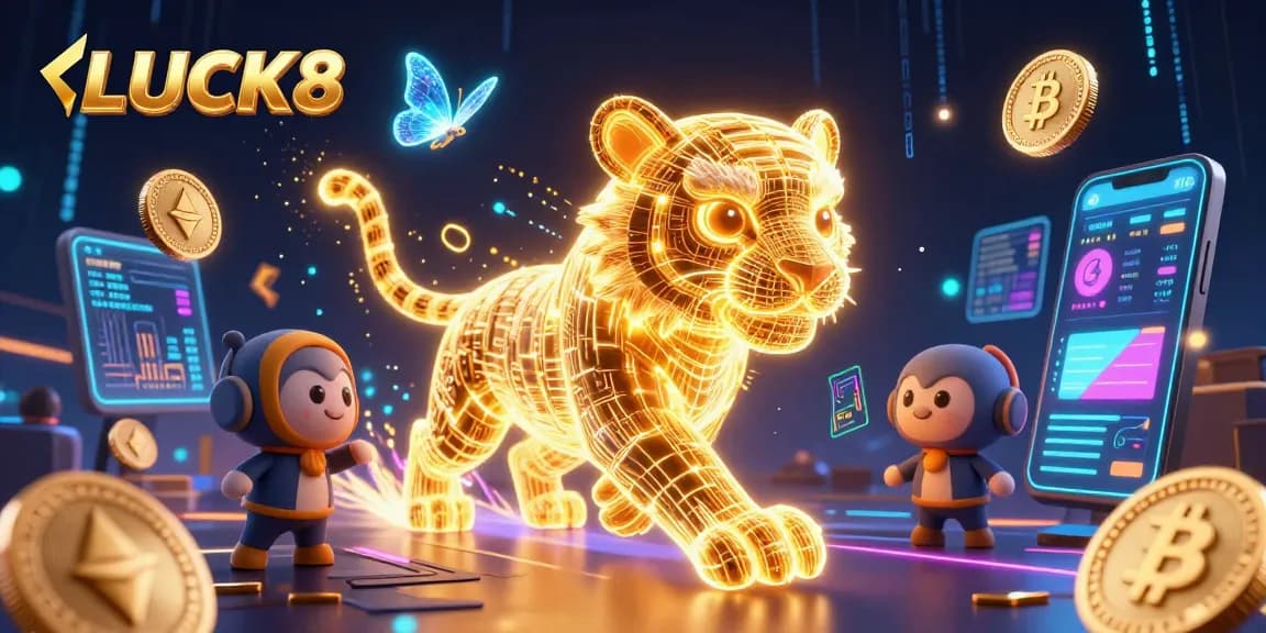 Engage with LUCK8 in a vibrant digital casino landscape featuring a golden tiger and crypto elements.