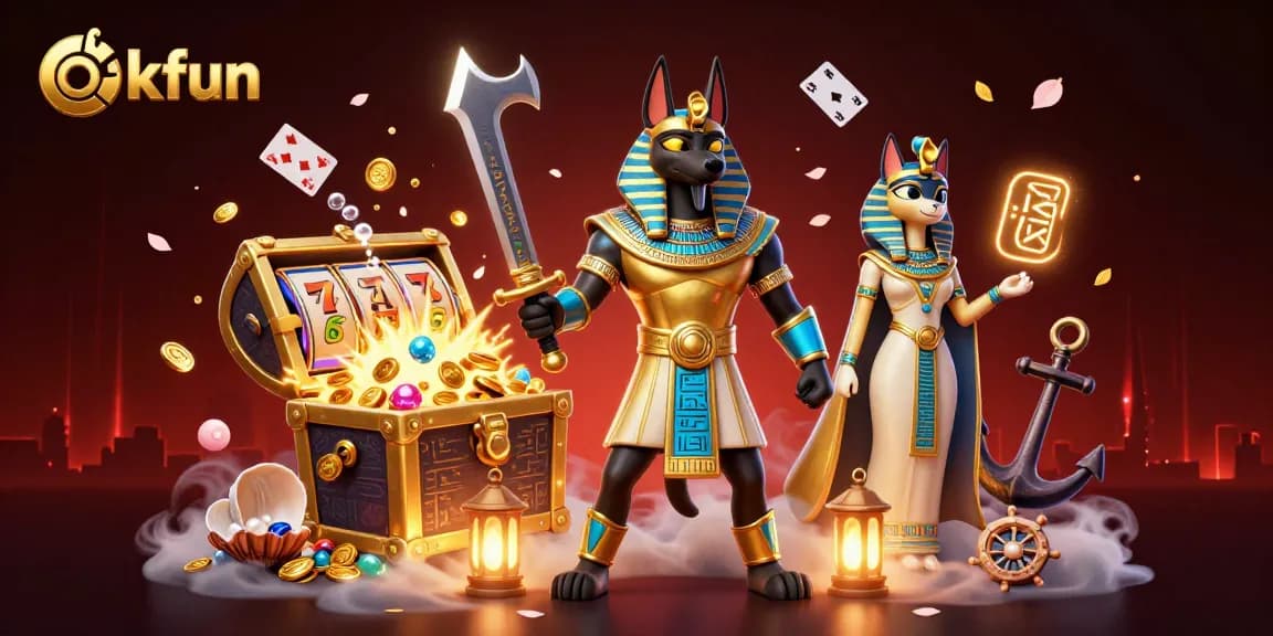 Experience thrilling gaming adventures with okfun, featuring Anubis guarding treasures in a vibrant casino scene.