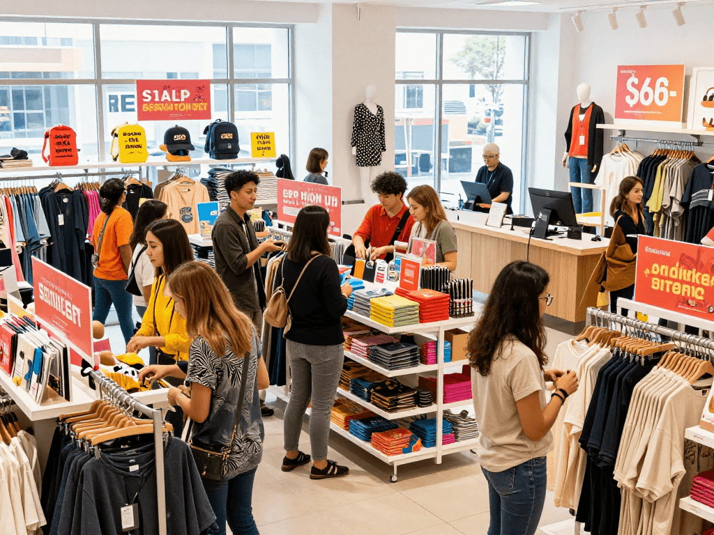 Interactive shopping scene showcasing rokok88 merchandise with diverse customers enjoying their retail experience.