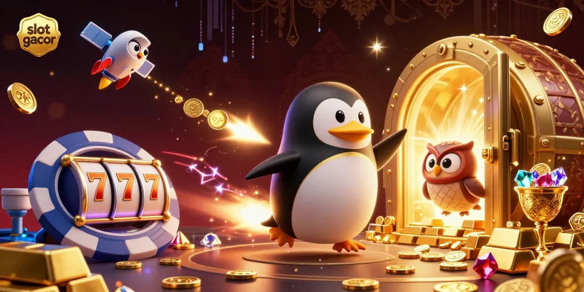 Engage in thrilling slot gacor action with a 3D golden penguin leading a vibrant casino adventure.