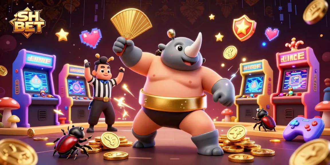 Experience the thrill of SH BET with a vibrant, action-packed casino scene featuring a rhinoceros beetle champion.