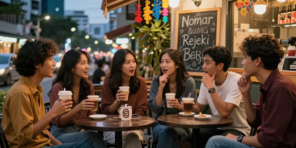 Diskusi seru tentang nomor rejeki di kafe saat senja dengan suasana hangat