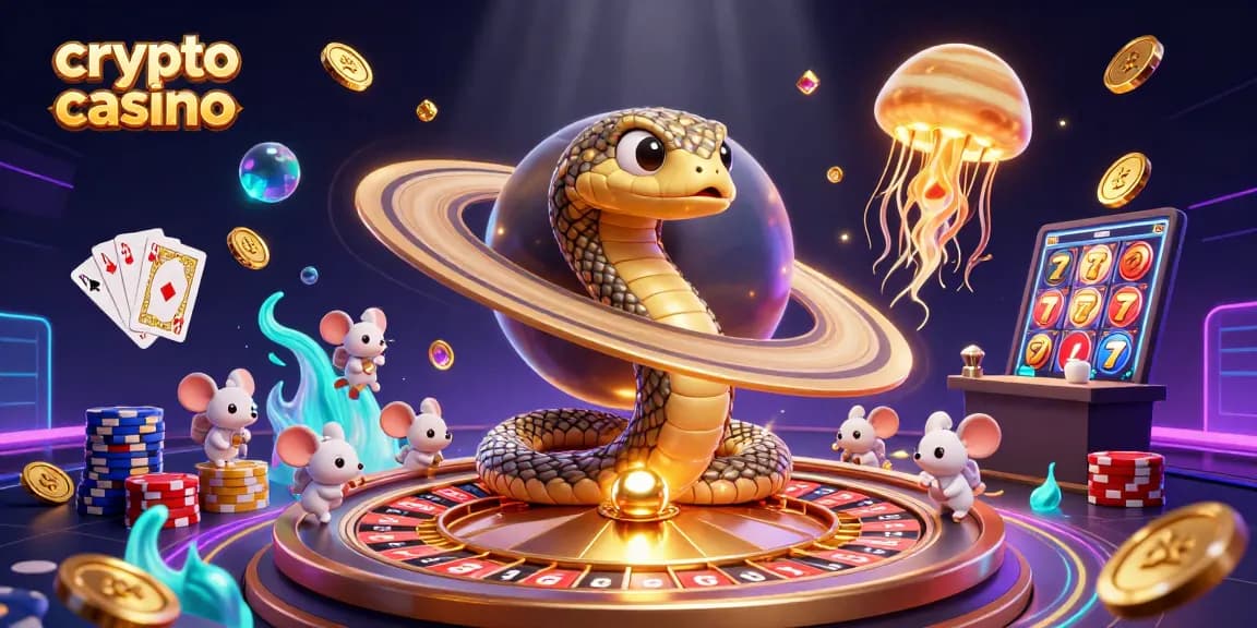 Casino crypto illustrant des souris astronautes pariant sur des segments de l'anneau de Saturne