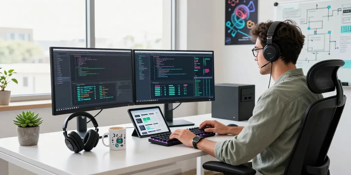 Developer analyzing LLG Link index data on multiple monitors in a modern tech workspace.