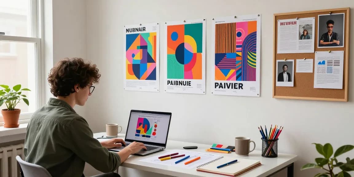 Creative individual engaged in poster printing design showcasing vibrant prints in a dynamic home office.