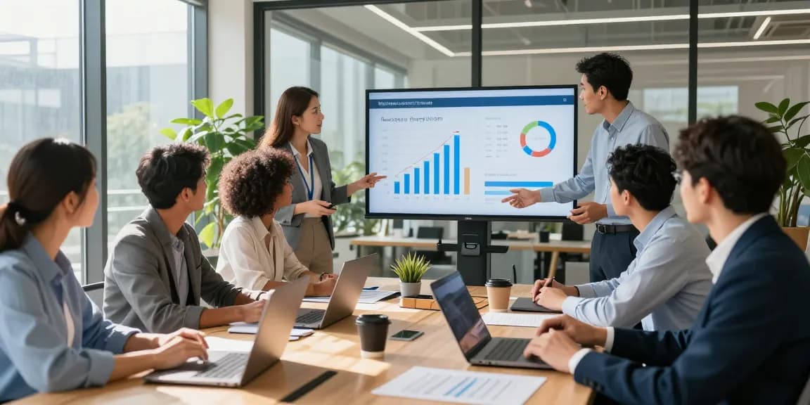 Team collaboration discussing business energy prices in a modern office setting
