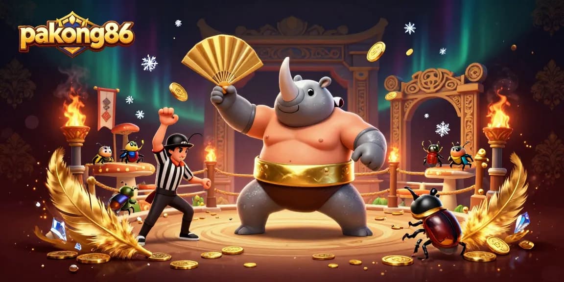 pakong86 showcases a dynamic gambling arena with vibrant characters and flying gold coins