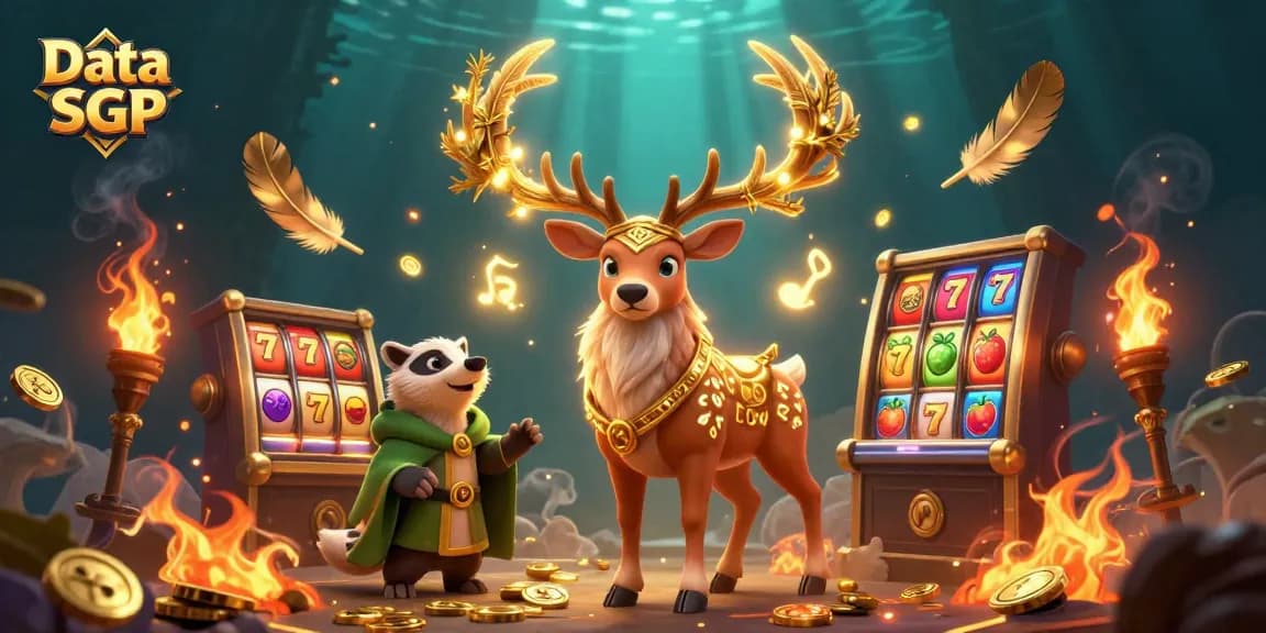 Engage with Data SGP in a vibrant casino scene featuring a druid stag and an enchanting badger.