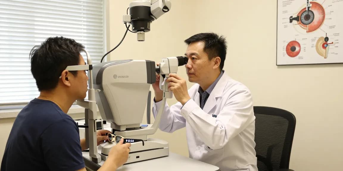Dr. Tong Man Kit discussing innovative eye care solutions with a patient in a modern clinic.