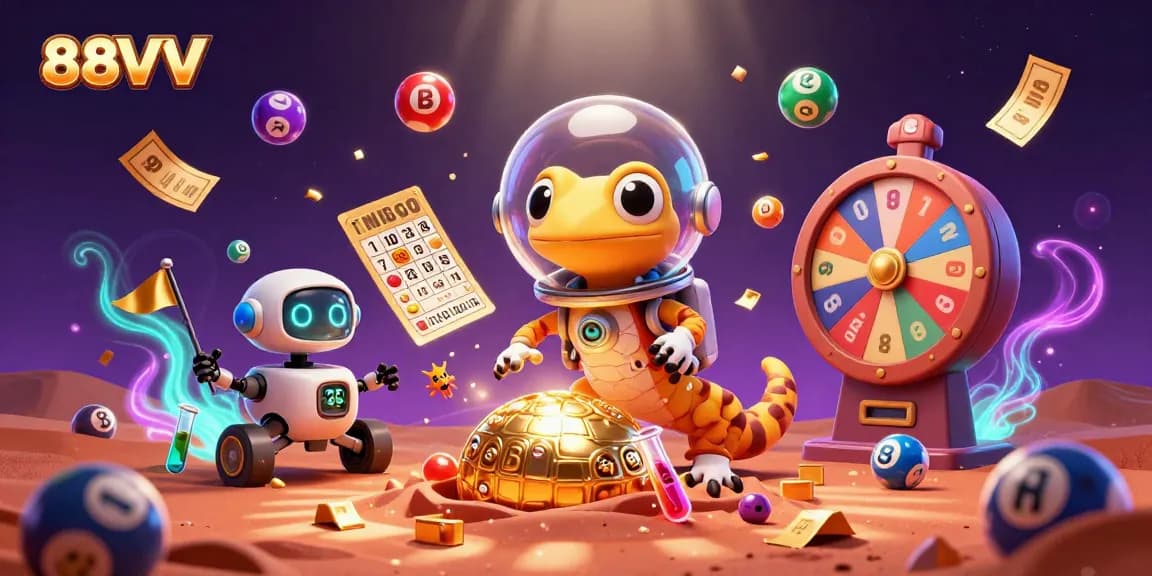 88VV offers an exciting view of a Martian gecko exploring a golden casino within a vibrant gambling universe.