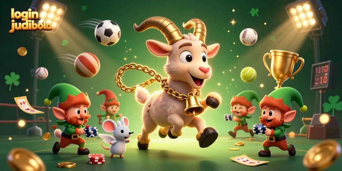 Engage players with login judi bola at an exciting casino scene featuring dynamic sports elements and festive characters.