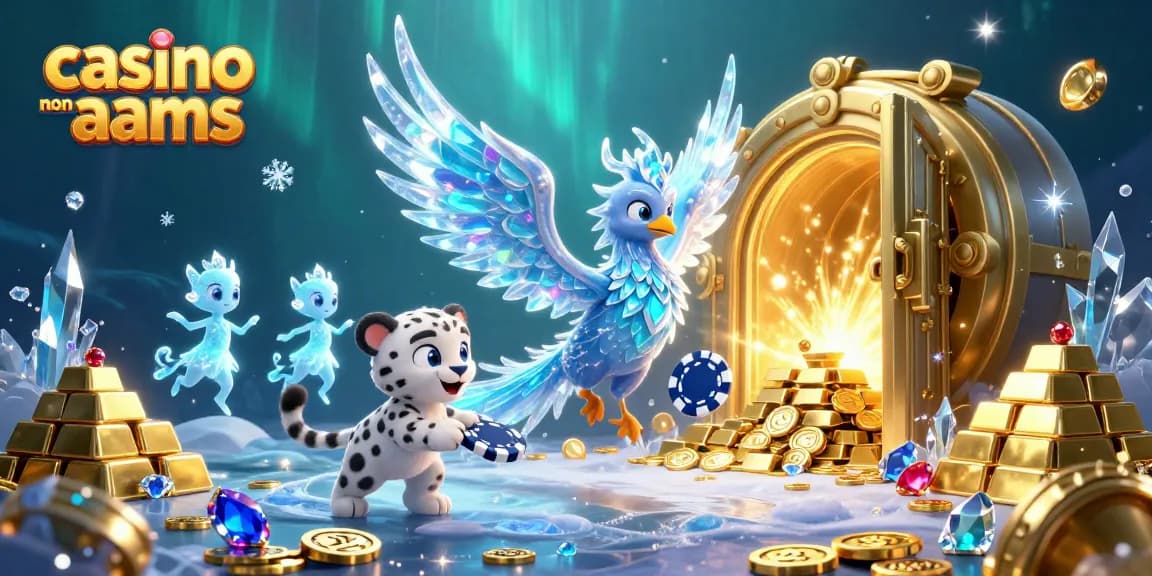 Scena coinvolgente che rappresenta temi del casino non aams con una fenice di ghiaccio, personaggi giocosi e tesori d'oro abbaglianti.