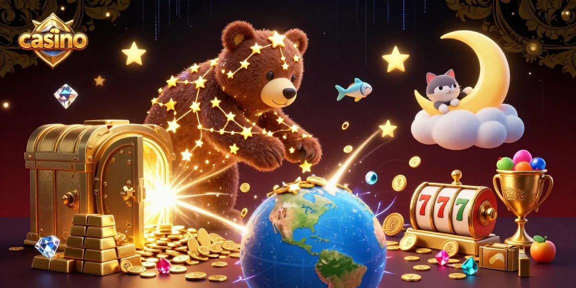 Engaging casino illustration featuring a constellation bear collecting coins among vibrant slot symbols.