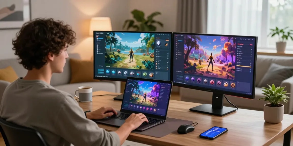 Pengguna mengakses santoto4d dalam suasana nyaman di rumah dengan laptop dan monitor, menciptakan pengalaman bermain angka online yang menyenangkan.