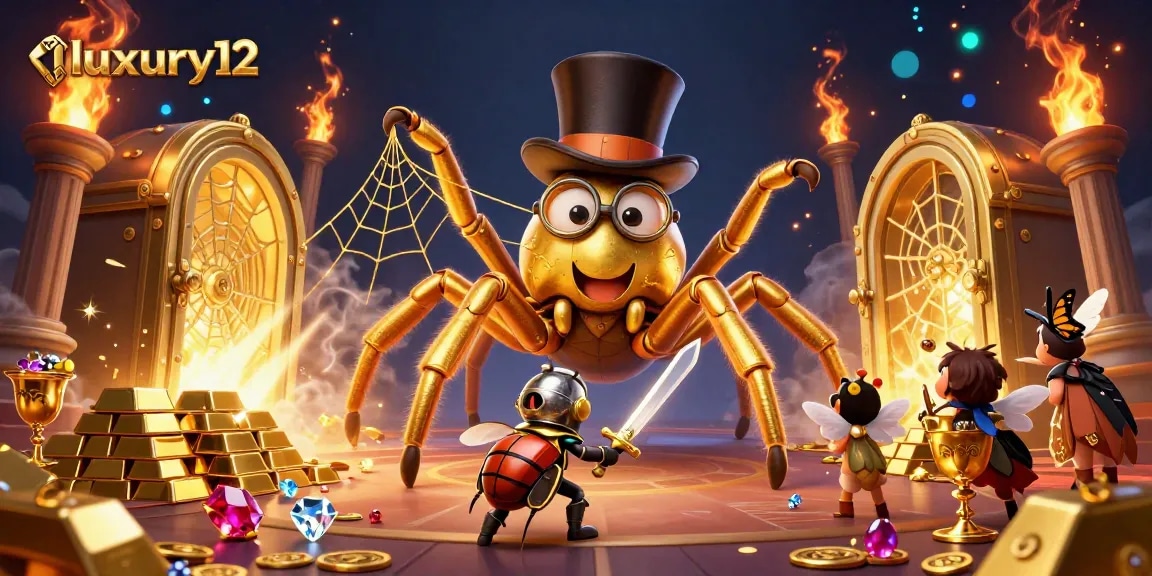 Witness luxury12's golden riches animate as a brave beetle knight confronts a mythical tarantula in this vibrant casino scene.