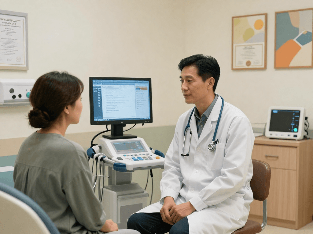 Immersive healthcare experience with slot7000 services, featuring professional doctor consultation for patient care.