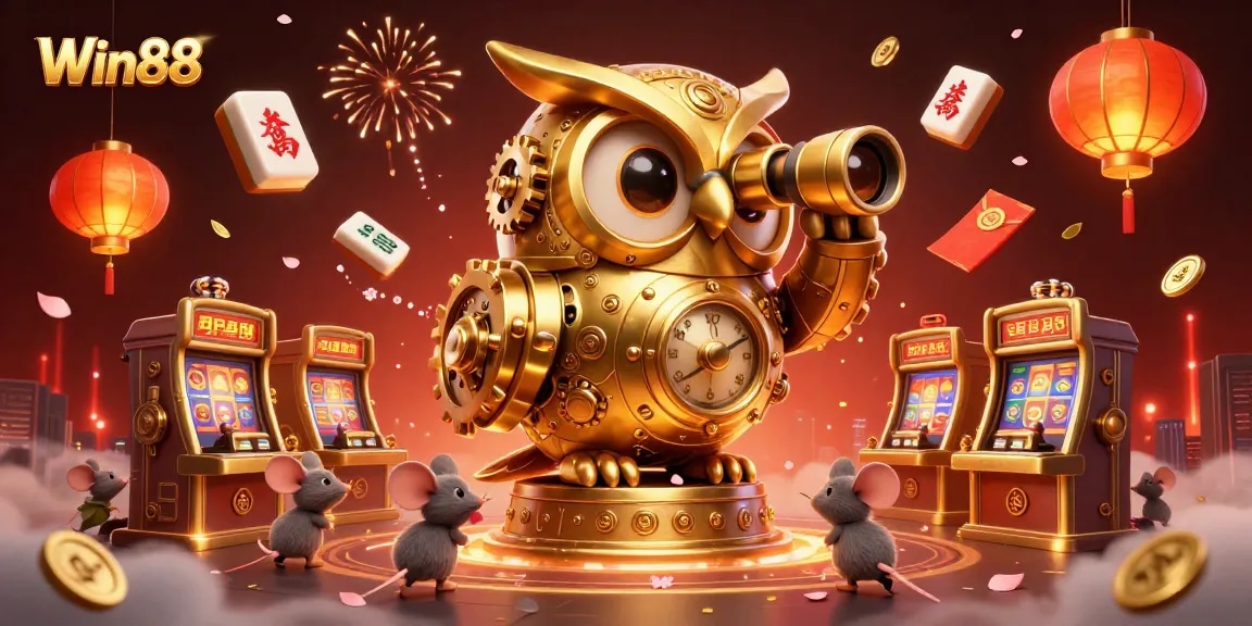 Win88 captivates with its vibrant casino floor scene featuring a clockwork owl and golden decor.