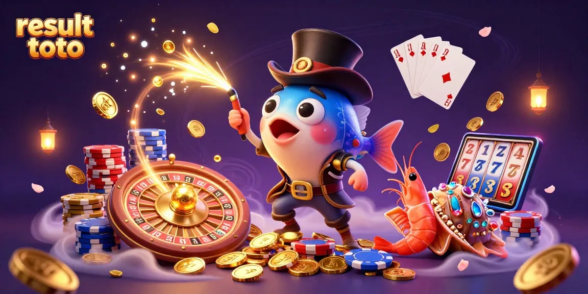 Spin to win at result toto with a dynamic, cartoon-style 3D casino scene featuring energetic characters and vibrant gambling elements.
