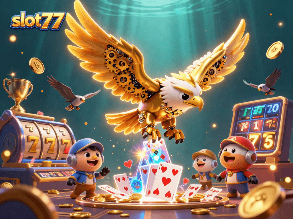 Experience thrilling wins with slot777 in this vibrant 3D illustration of a golden eagle and dynamic casino elements.