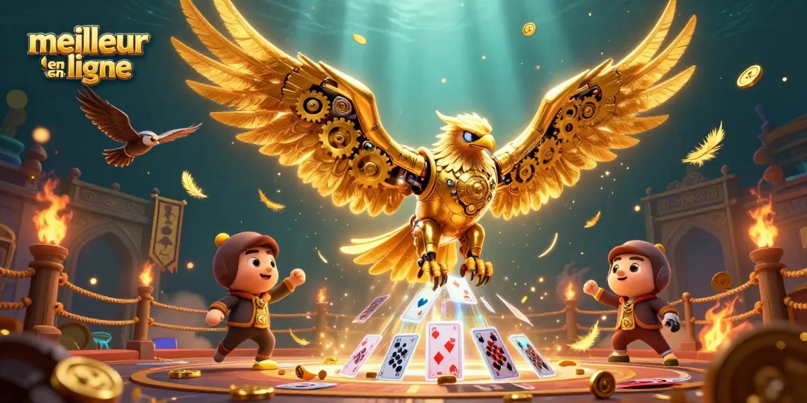 Plongée d'un aigle cybernétique dans l'univers du meilleur casino en ligne entouré de cartes holographiques.