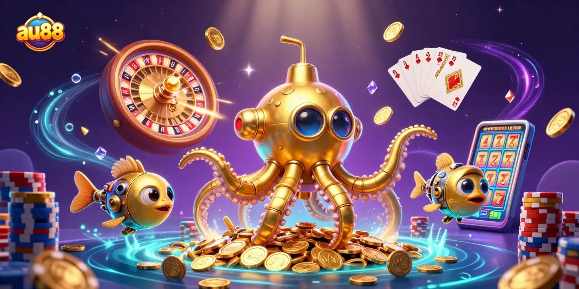 Engage in thrilling gameplay at AU88 with vibrant casino elements and golden kraken submarine.
