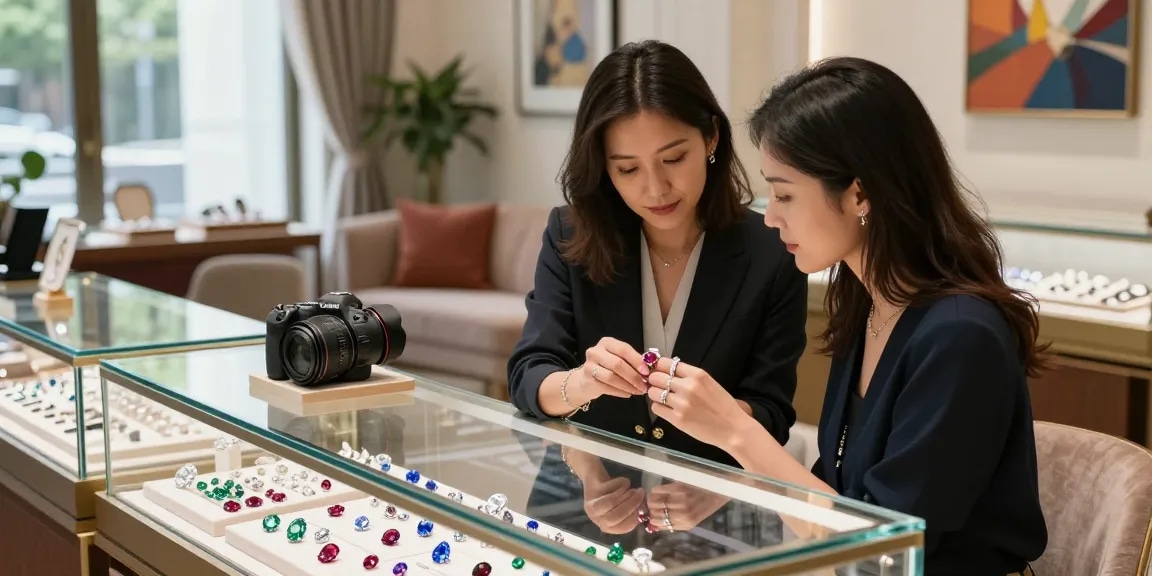 Shop for stunning gemstones at https://www.mygemspot.com in a luxurious showroom with elegant displays.