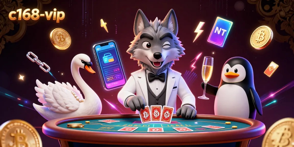 Experience the excitement of c168-vip casino with our 3D illustration of a wolf, swan, and penguin at a baccarat table