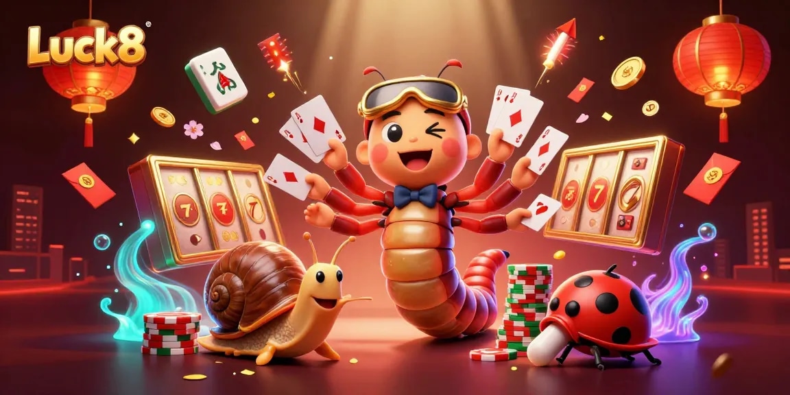 Experience the excitement of Luck8 with a vibrant 3D casino scene featuring a millipede dealer and dynamic gaming elements.