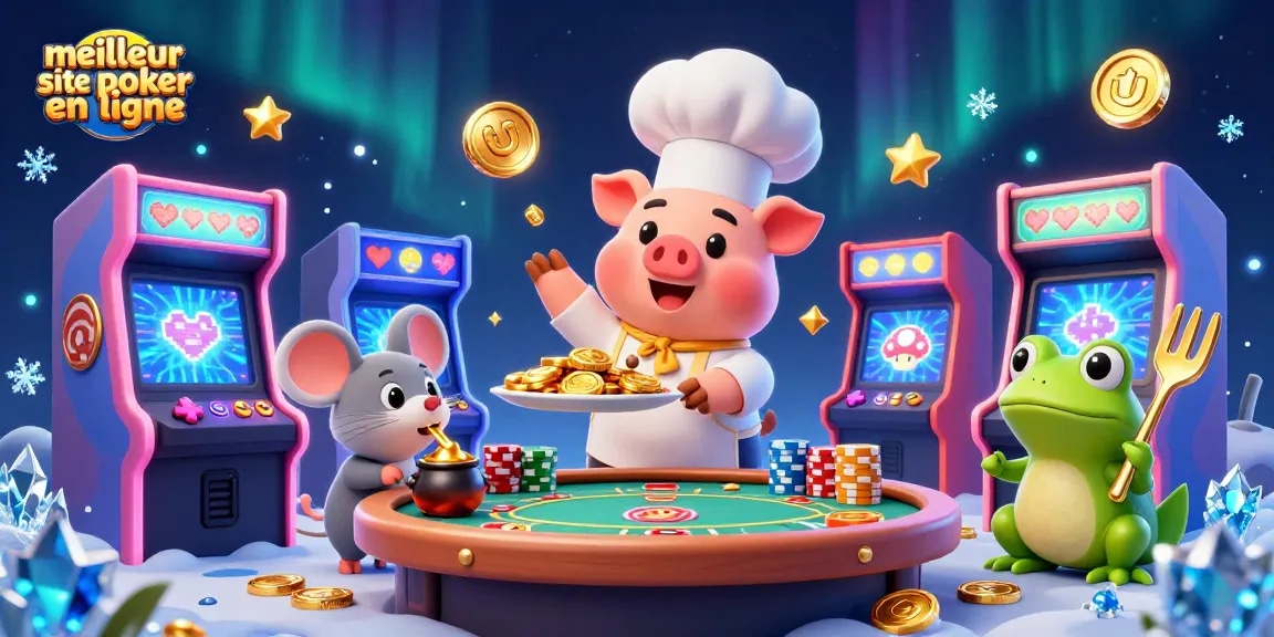 Meilleur site de poker en ligne avec une illustration animée de chefs et éléments de jeu captivants.