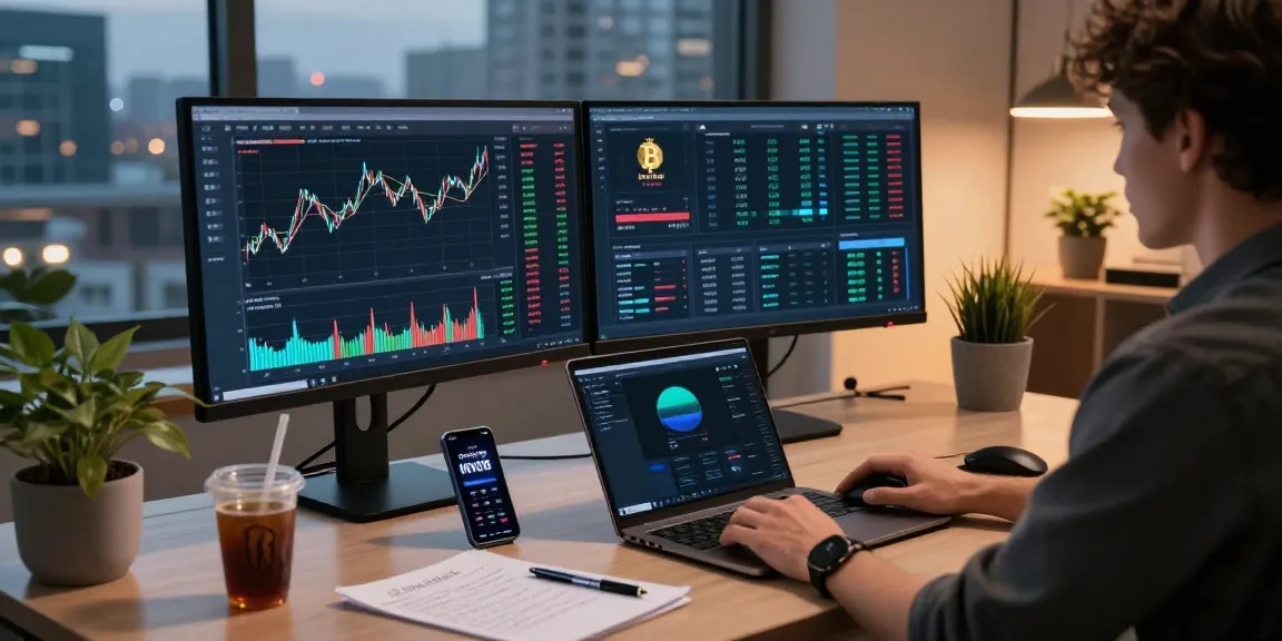 Cricbet99 digital wallet app on smartphone amidst a modern crypto trading setup featuring dual monitors with Bitcoin trading charts and DeFi metrics.