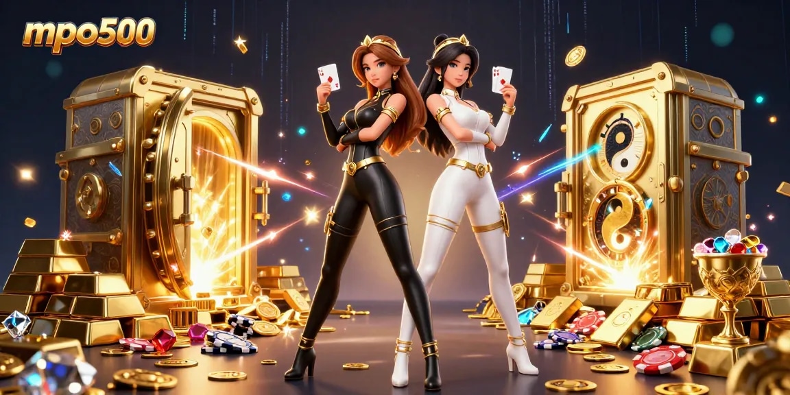 Win big with mpo500's casino experience featuring stunning twin Asian women with playing cards.