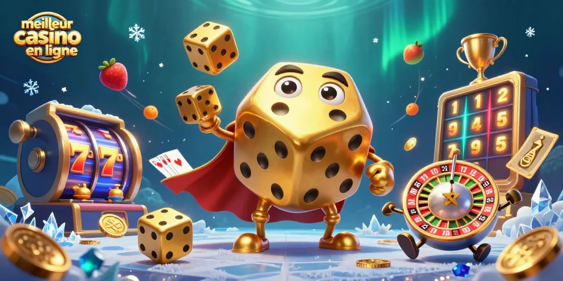 Jouer sur le meilleur casino en ligne avec des éléments de machines à sous et des dés dorés animés.