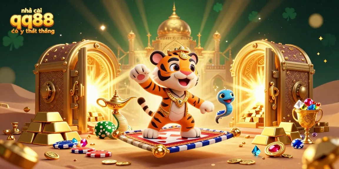Play casino games confidently at nhà cái qq88 có uy tín không, featuring a 3D Arabian sultan and treasures.