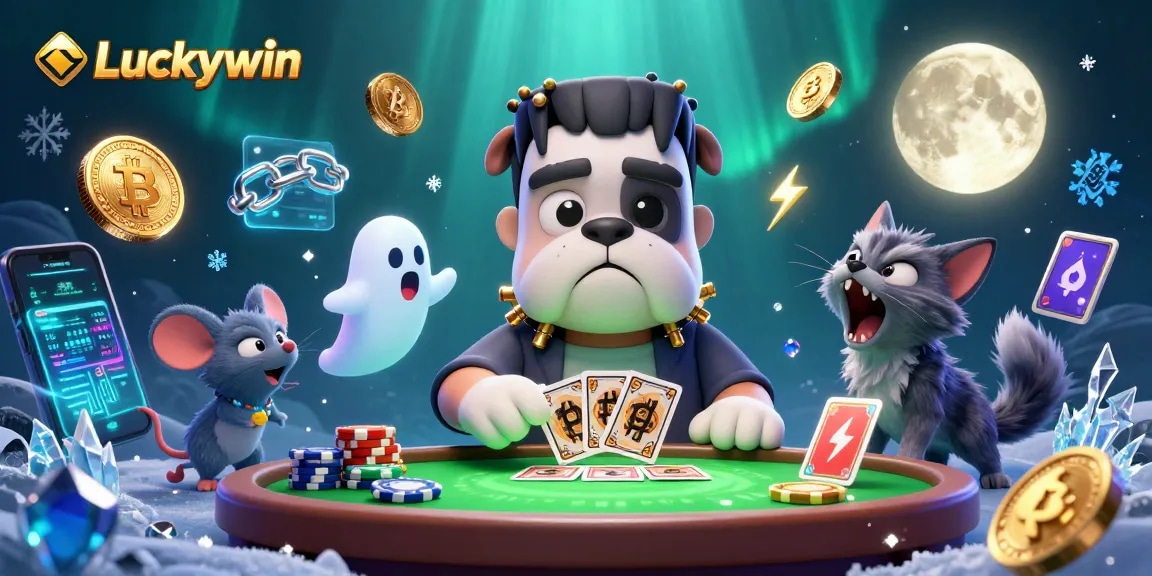 Luckywin casino scene where a Frankenstein bulldog deals cards with ghost and werewolf elements.