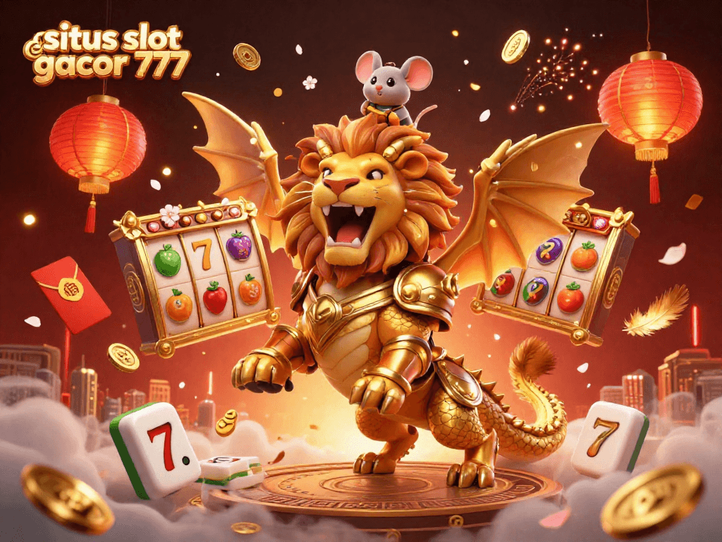 Experience excitement with situs slot gacor 777 featuring a fiery chimera and slot elements in a vibrant digital landscape.