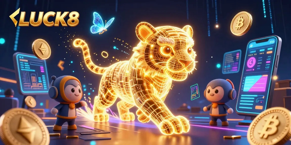 Engage with LUCK8 in a vibrant digital casino landscape featuring a golden tiger and crypto elements.